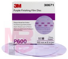 3M Hookit Purple Finishing Film Disc 30671 6 in P600 50 discs per box 4 boxes per case