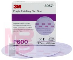 3M Hookit Purple Finishing Film Disc 30571 5 in P600 50 discs per box 4 boxes per case