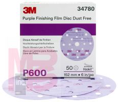 3M Hookit Purple Finishing Film Disc Dust Free 34780 6 in 17 Hole P600 50 discs per box 4 boxes per case