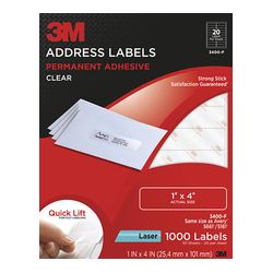 3M Address Labels 3400-F, 1 in x 4 in, 20/sheet, 50 sheets/pk