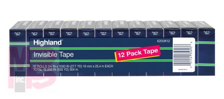 3M Highland Invisible Tape 6200K12  3/4 in x 1000 in (19 mm x 25.4 m) 12 Pack