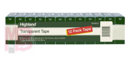 3M Highland Transparent Tape 5910K12  3/4 in x 1000 in (19 mm x 25.4 m) 12 Pack