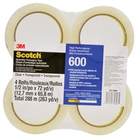 3M Scotch Light Duty Packaging Tape 600 Clear High Clarity 1/2 in x 72 yd 4 rolls per pack 18 packs pr case Conveniently Packaged