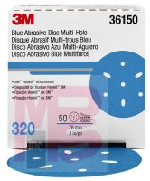 3M Hookit Blue Abrasive Disc Multi-hole36150 3 in320 50 discs per box 4 boxes per case