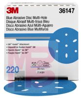 3M Hookit Blue Abrasive Disc Multi-hole36147 3 in220 50 discs per box 4 boxes per case