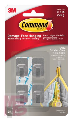 3M Command Small Stainless Steel Metal Hooks  17031SS-4ES  4 Hooks  5 Strips